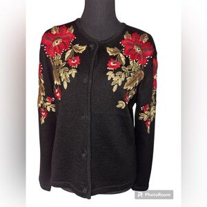 Vintage 1995 Susan Bristol Cardigan Sweater Hand Embroidered Floral Size S